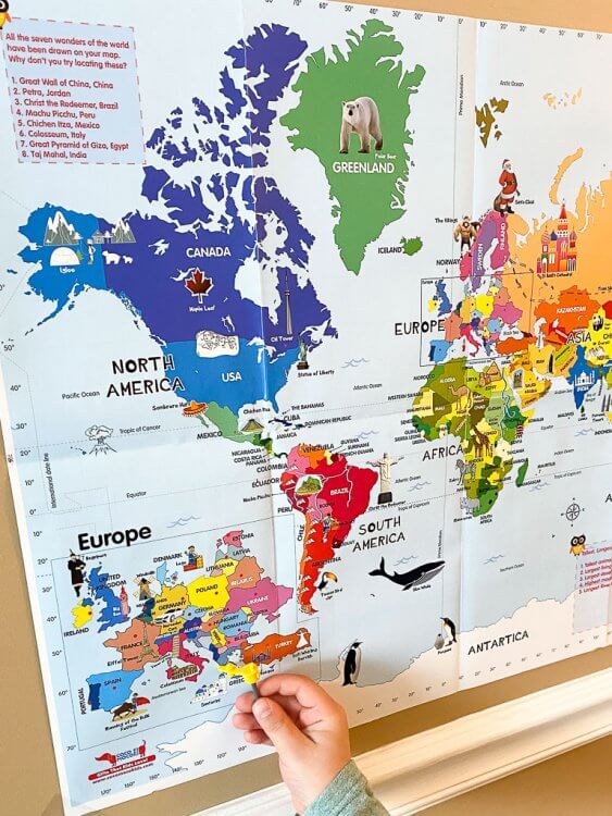 Passport Activity with color map. Child is pointing to Greece.