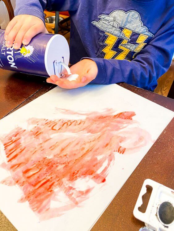 Boy sprinkling salt onto his watercolor painting.